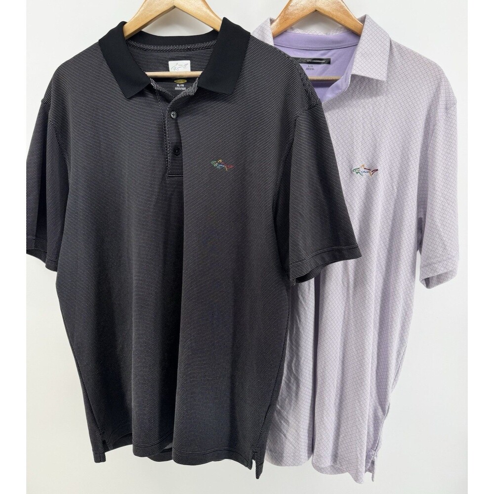 Greg Norman Men’s XL Play Dry Abstract Performance Golf Polo Black Lavender 2pc